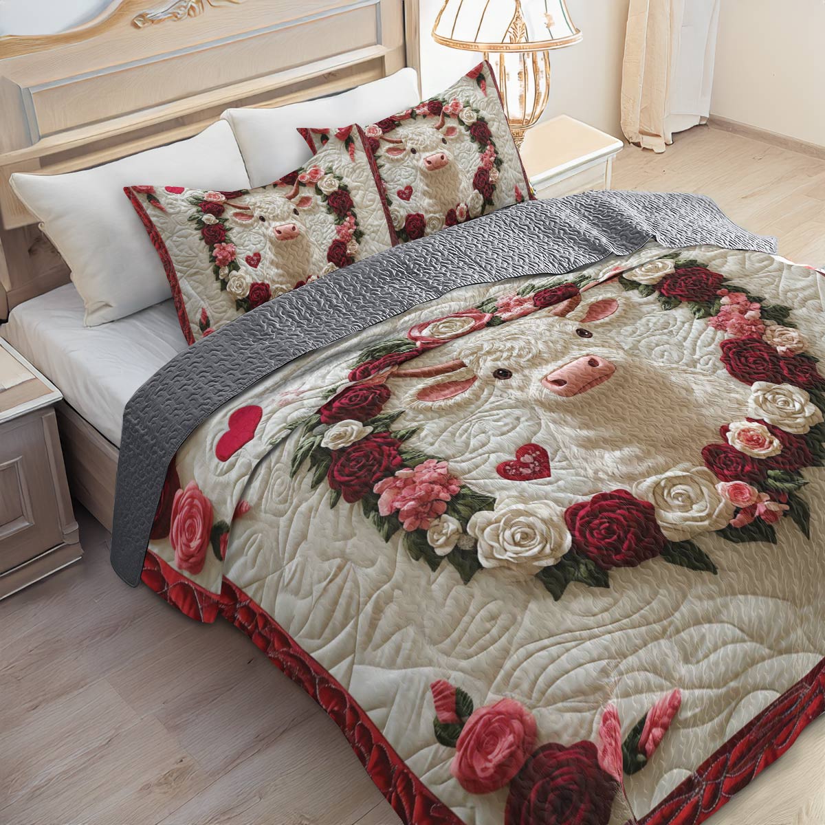 Shineful All Season Quilt 3-Piece Set Cow Rose