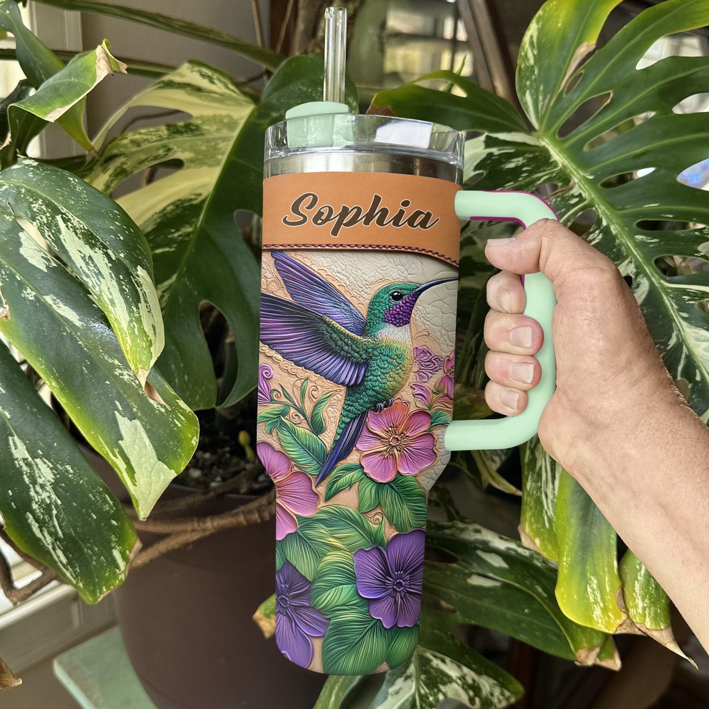 Shineful Personalized Tumbler Leather Floral Hummingbird