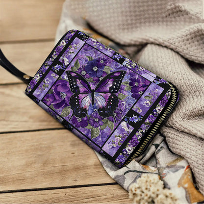 Shineful Leather Clutch Purse With Wristlet Strap Handle Gorgeous Purple Butterfly Flowers