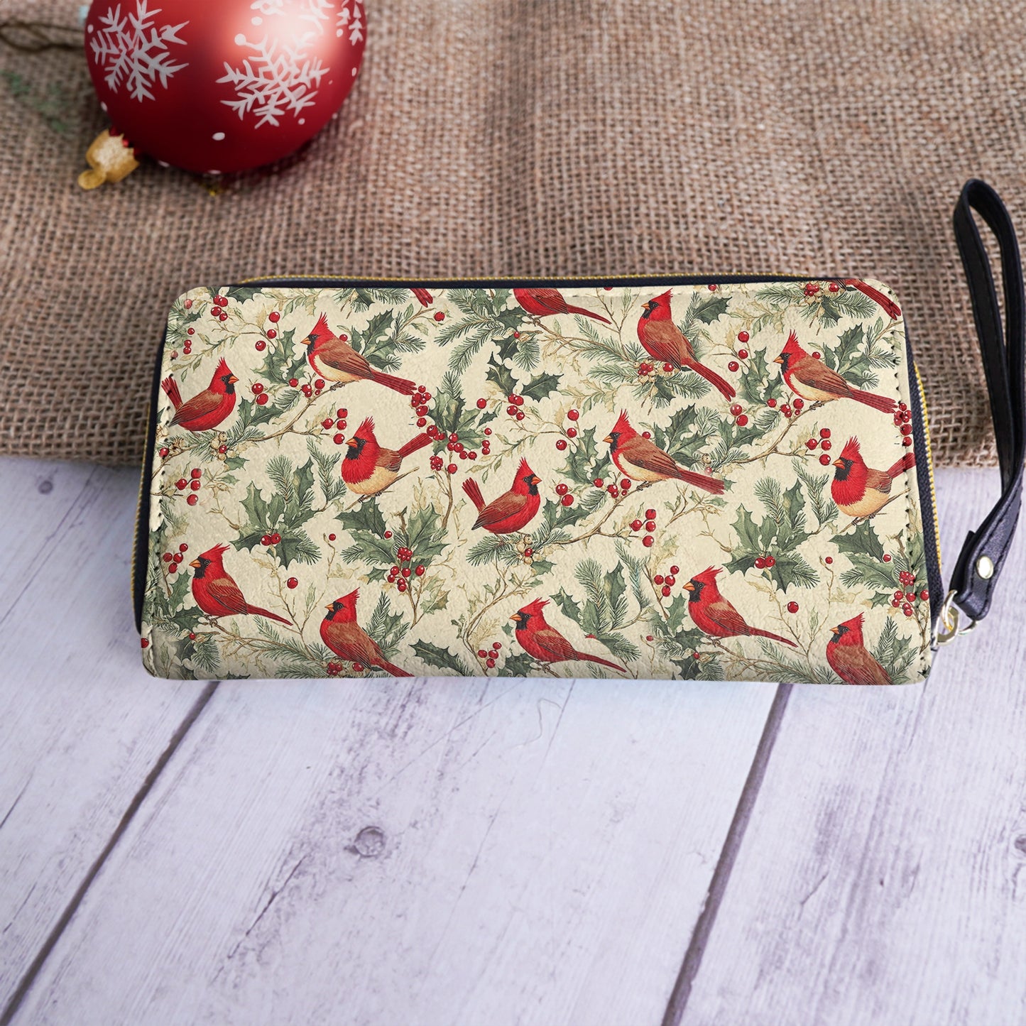 Shineful Leather Clutch Purse With Wristlet Strap Handle Winter Cardinal Harmony