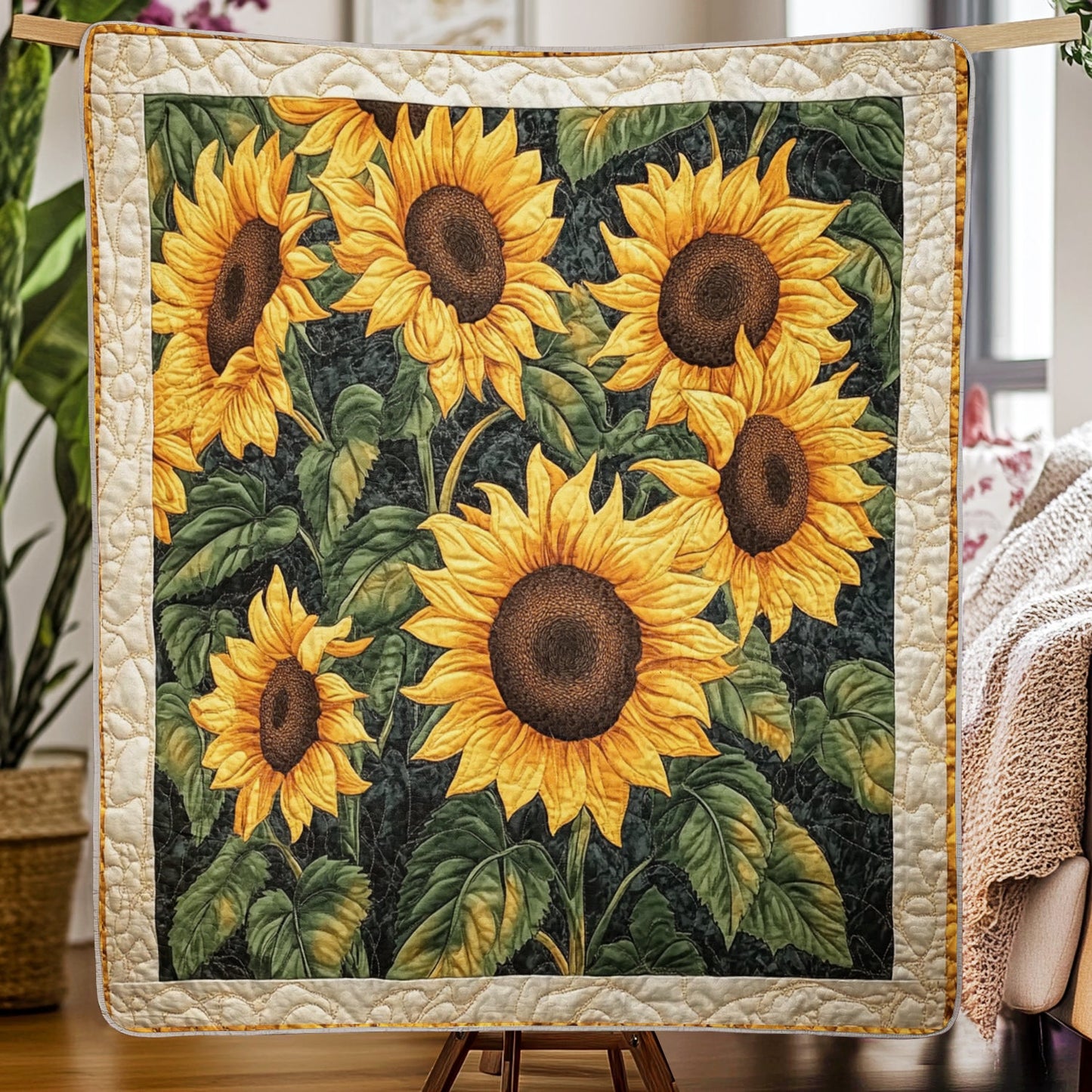 Shineful Flat Print Faux Quilt Blanket - Golden Sunflower Throw