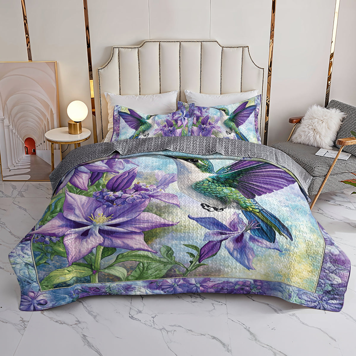 Shineful All Season Quilt 3-Piece Set Hummingbird Lavender Bloom