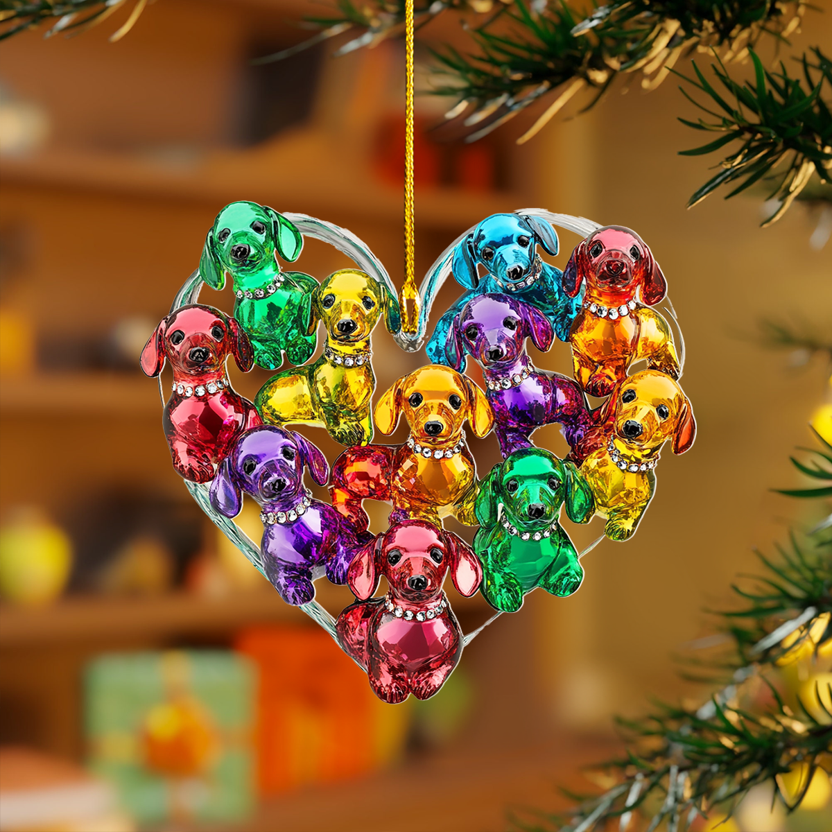 Glänzendes 2D-Acryl-Ornament – ​​Bunte Dackelliebe 