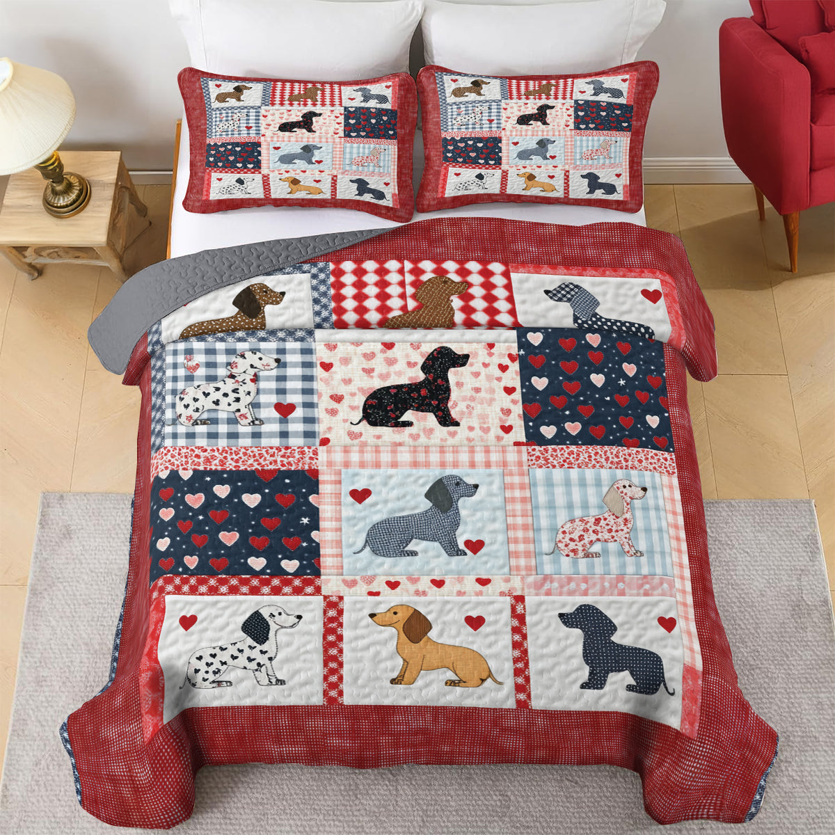 Shineful All Season Quilt 3-teiliges Set Schöner Dackel Patchwork