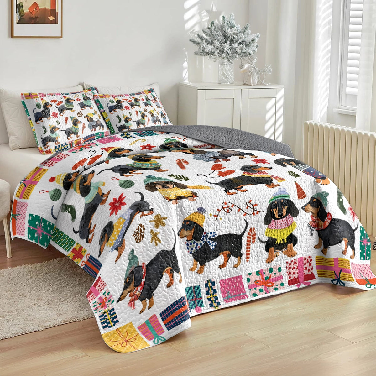 Shineful All Season Quilt 3-Piece Set Cozy Christmas Dachshund