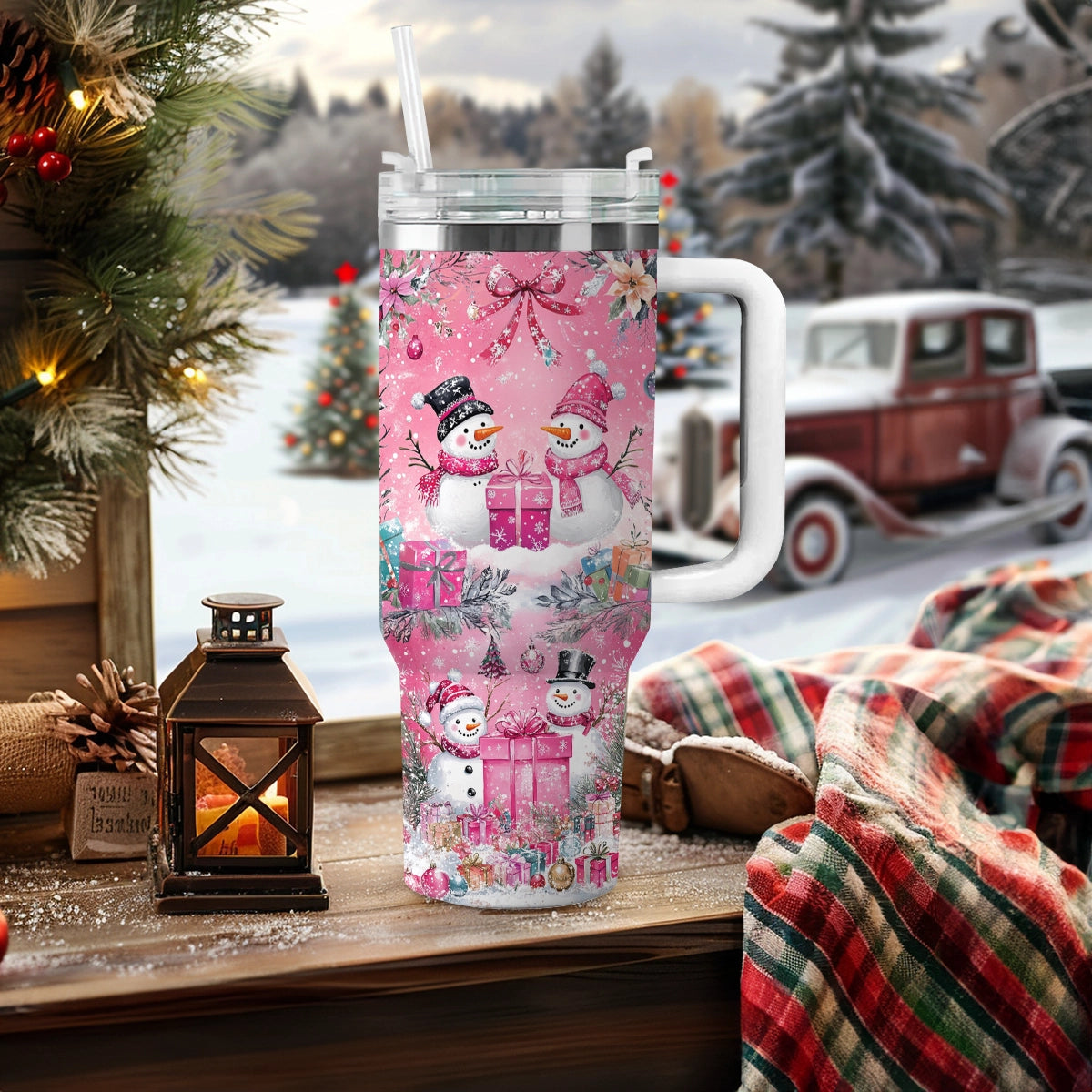 Verre brillant Bonhomme de neige rose Noël