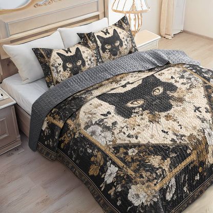 Shineful All Season Quilt 3-Piece Set - Mystical Black Cat