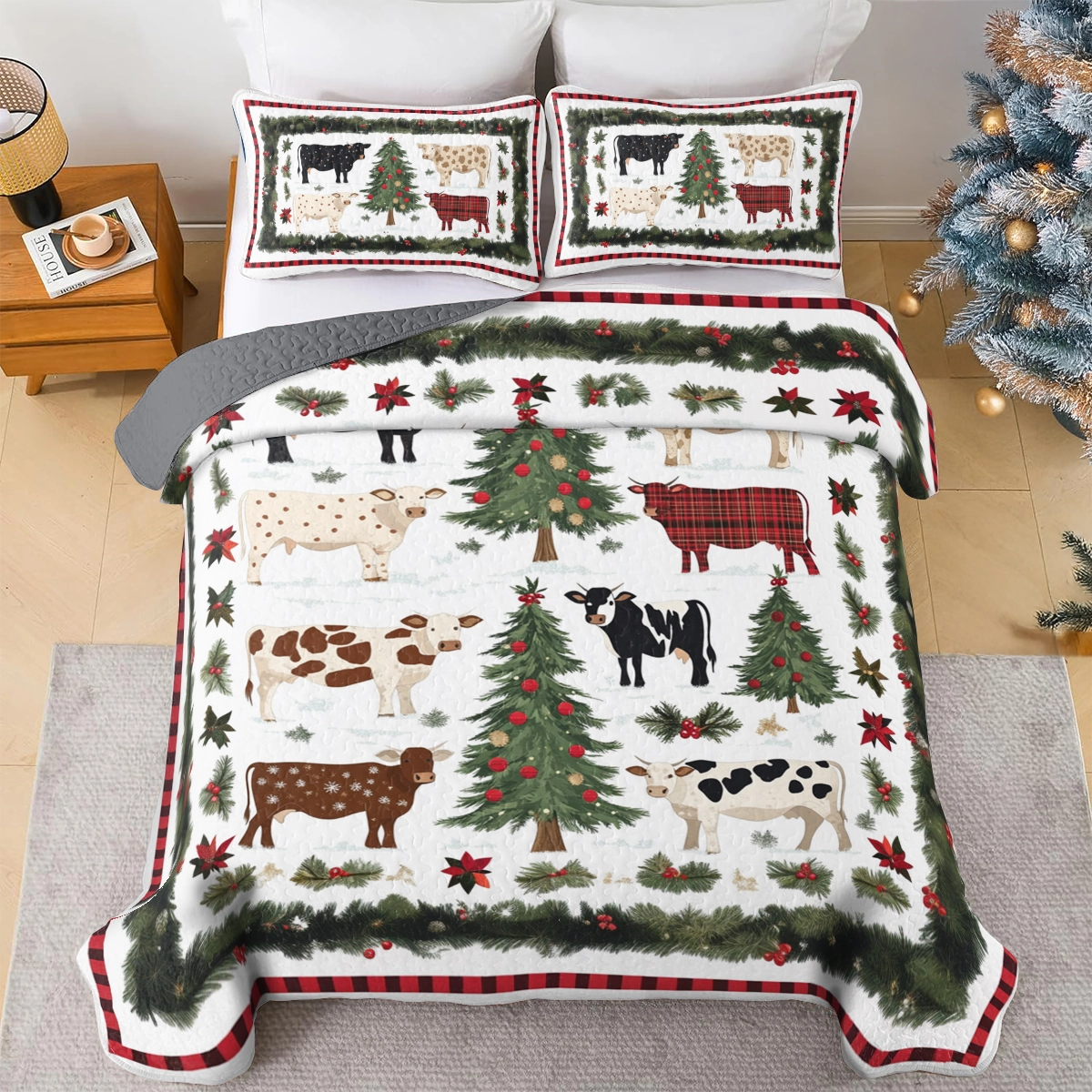 Shineful All Season Quilt 3-Piece Set Farmhouse Christmas Cow