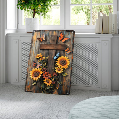 Shineful 2D Metal Sign Wood Cross And Sunflowers