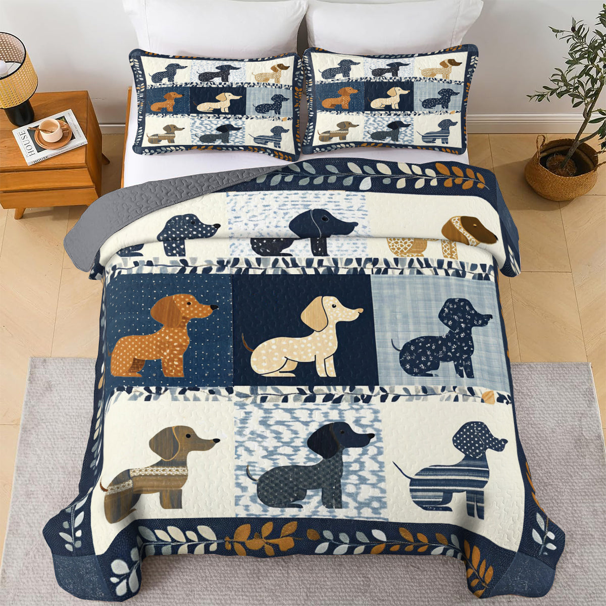 Shineful All Season Quilt 3-teiliges Set Dackel Niedlich Patchwork