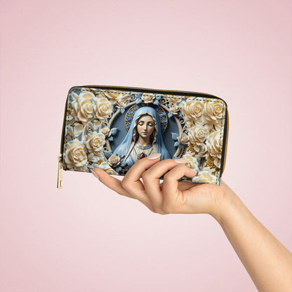 Shineful Leather Clutch Purse With Wristlet Strap Handle Blessed Virgin Mary