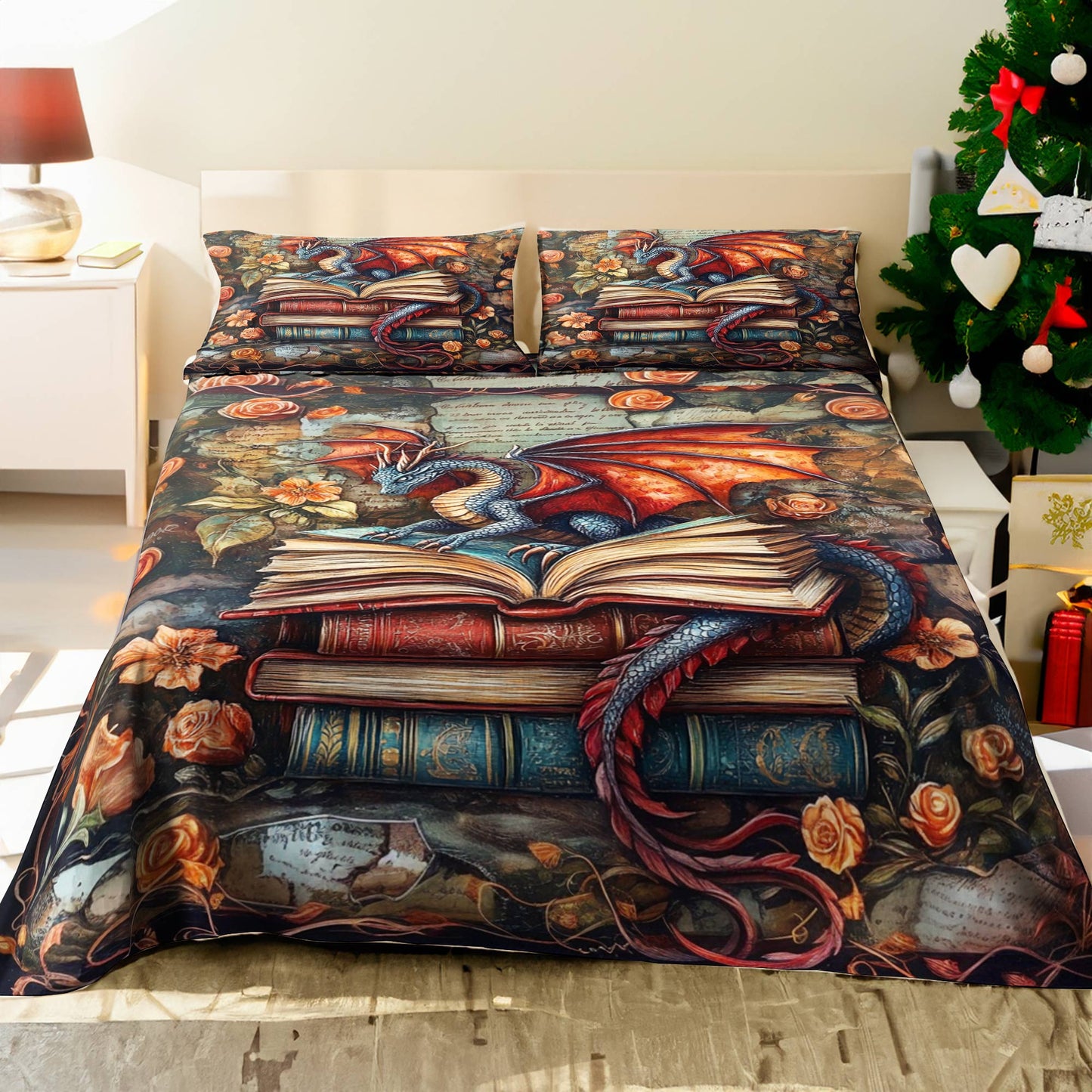 Shineful 4-Piece Bed Sheet Set Dragon Vintage Books