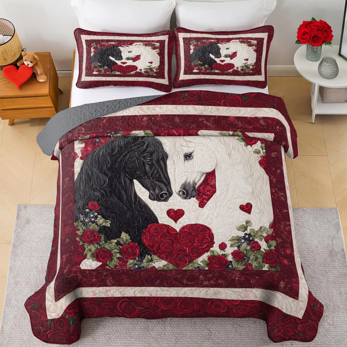 Shineful All Season Quilt 3-Piece Set Lovers’ Embrace Horse