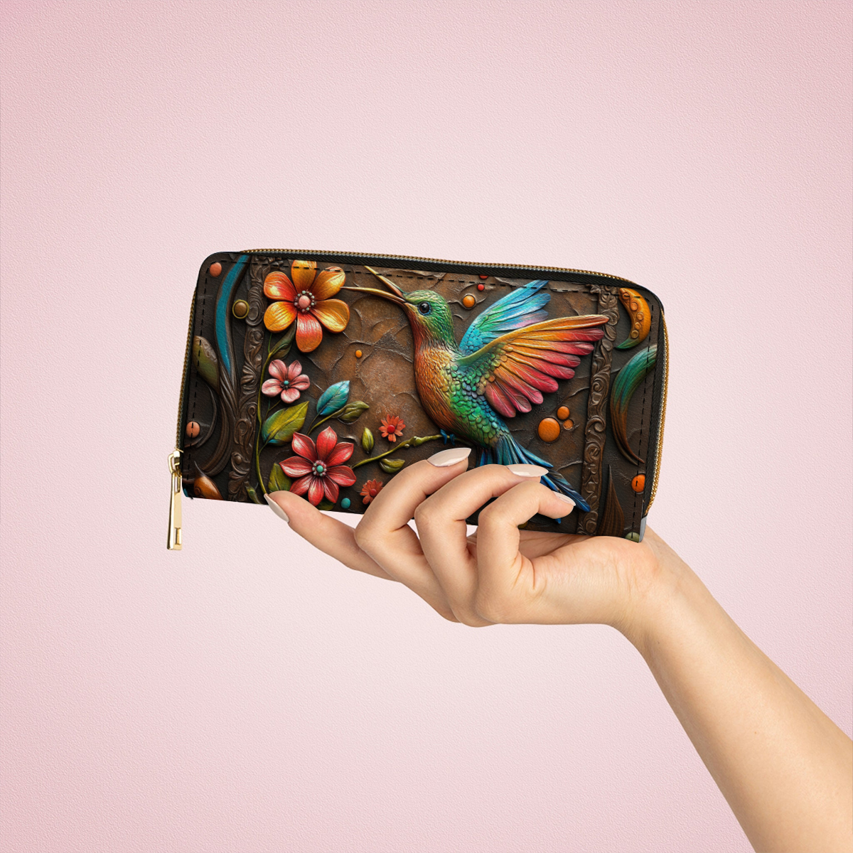 Pochette en cuir brillante avec dragonne et poignée motif colibri et fleur