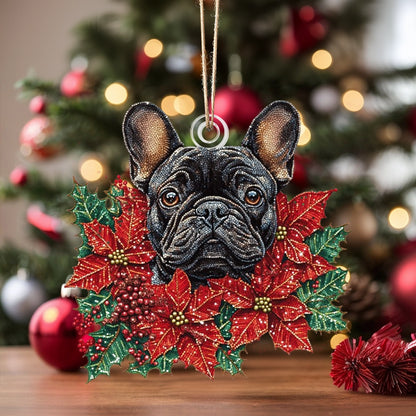 Shineful 2D Acrylic Ornament - Festive Frenchie Poinsettia