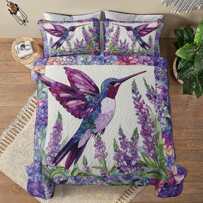 Shineful All Season Quilt 3-Piece Set Purple and Pink Hummingbird