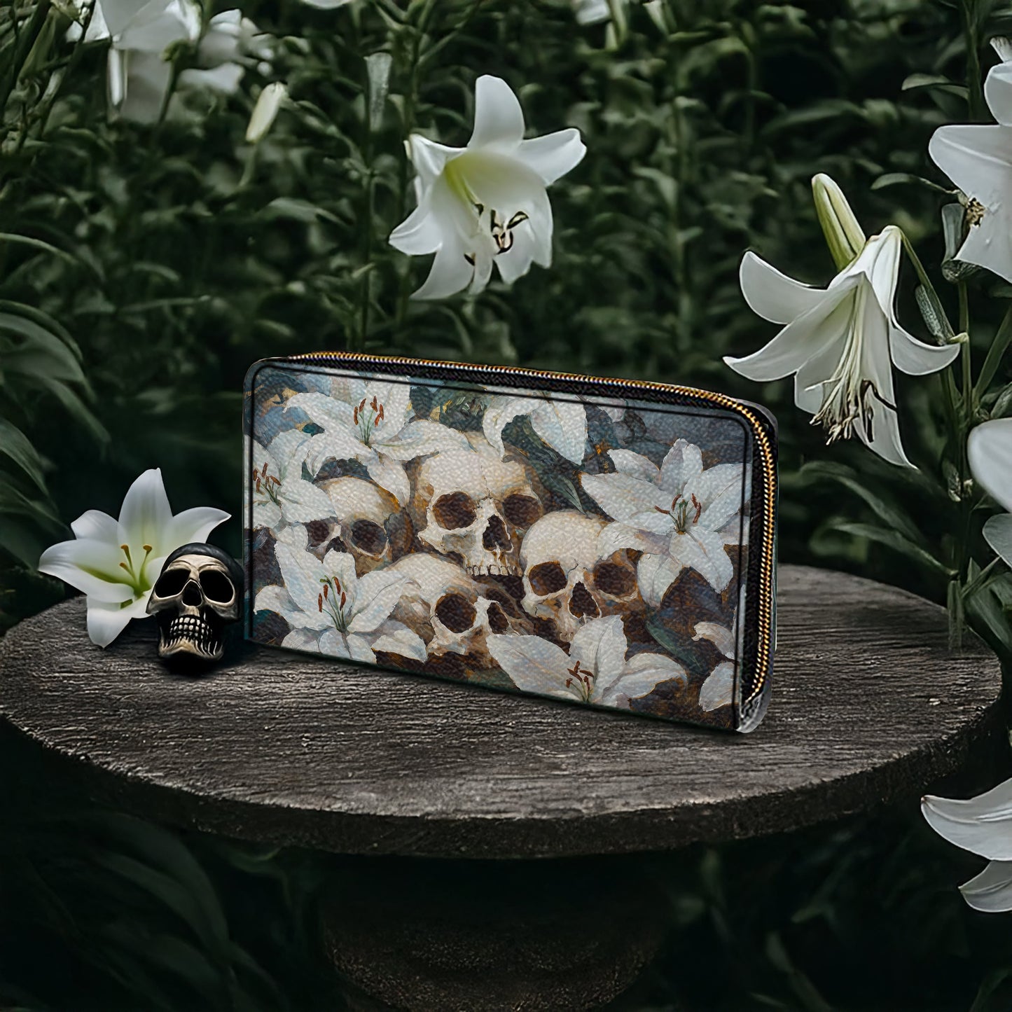 Shineful Leather Clutch Purse With Wristlet Strap Handle Mystic Skull & White Lilies