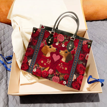 Shineful Leather Bag Heart Floral Dachshund Couple