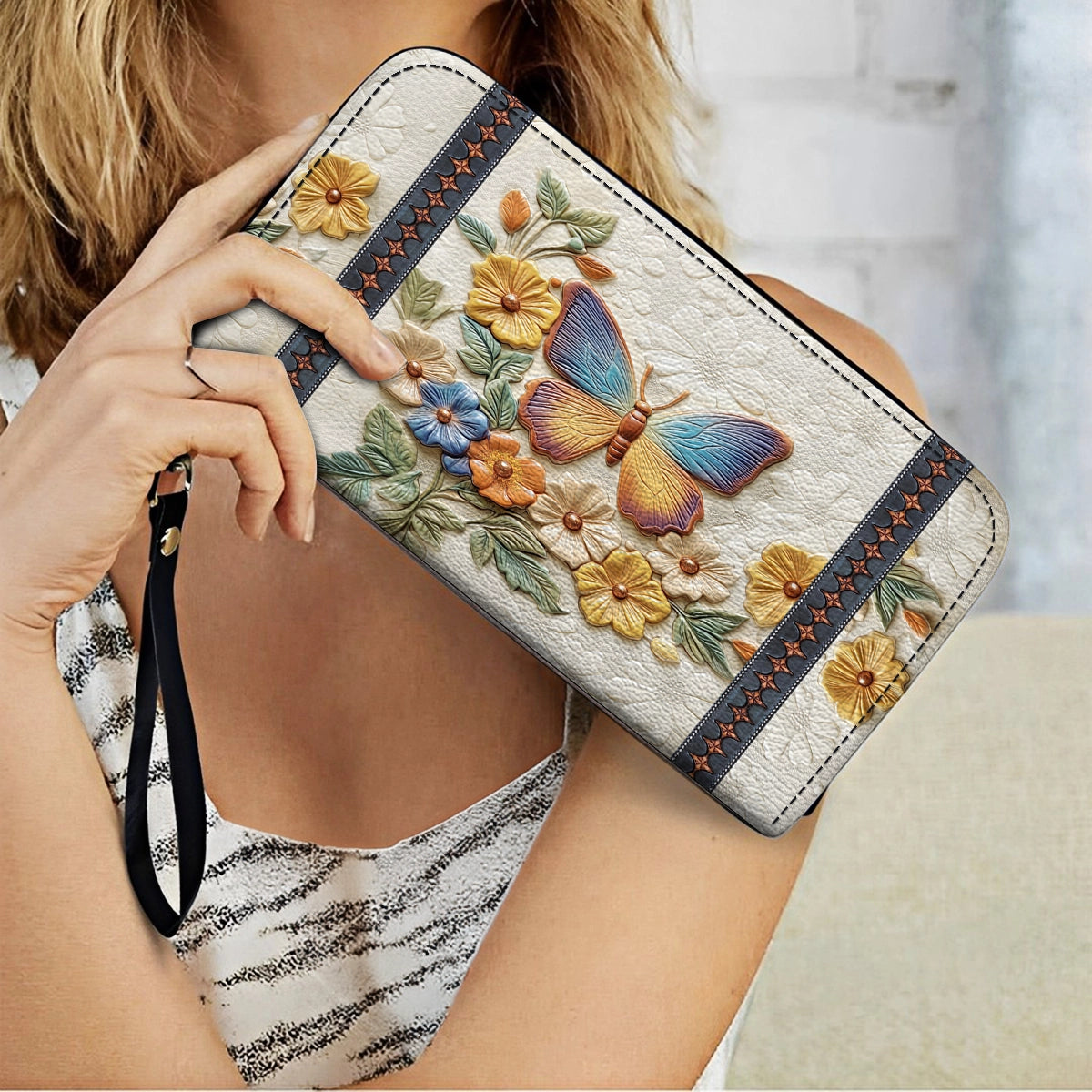 Shineful Leather Clutch Purse With Wristlet Strap Handle Butterfly Enchantment