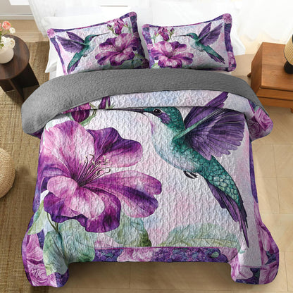 Shineful All Season Quilt 3-Piece Set Green Hummingbird & Purple Floral