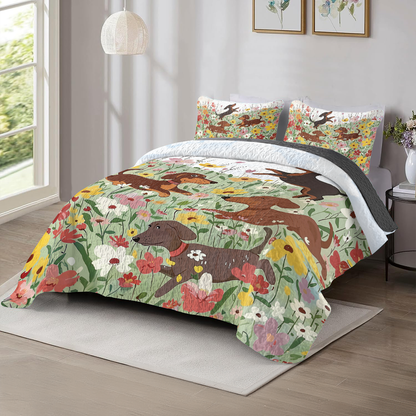 Shineful All Season Quilt 3-teiliges Set mit Dackel im Blumengarten 