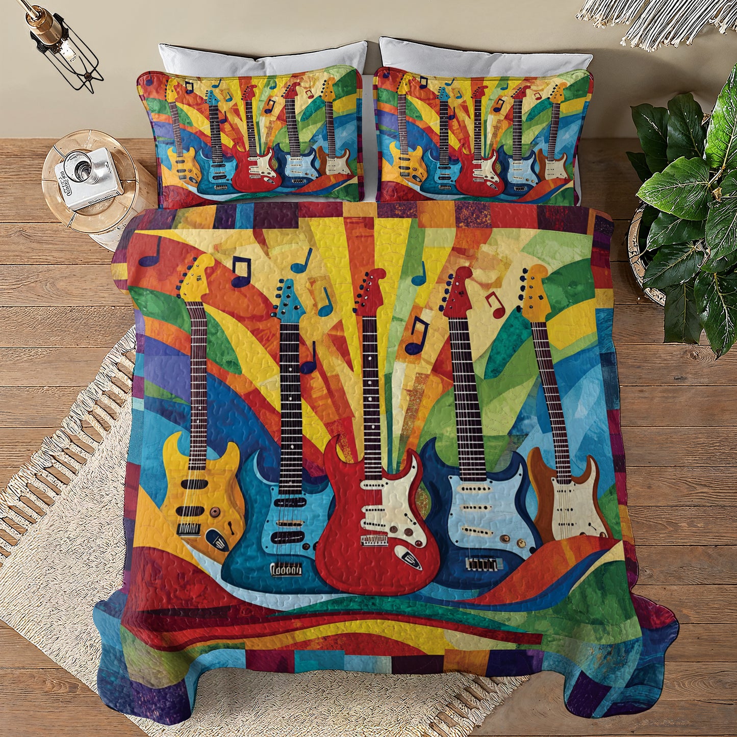 Shineful All Season Quilt 3-Piece Set Colorful Guitars