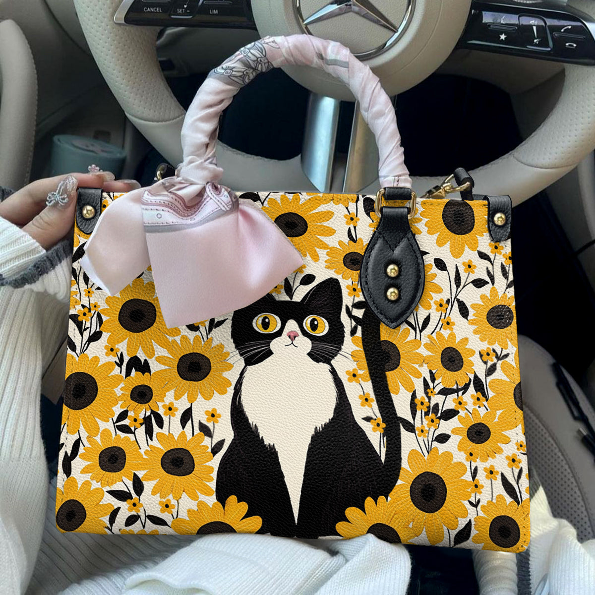 Shineful Leather Bag Cat In Sunflower Garden