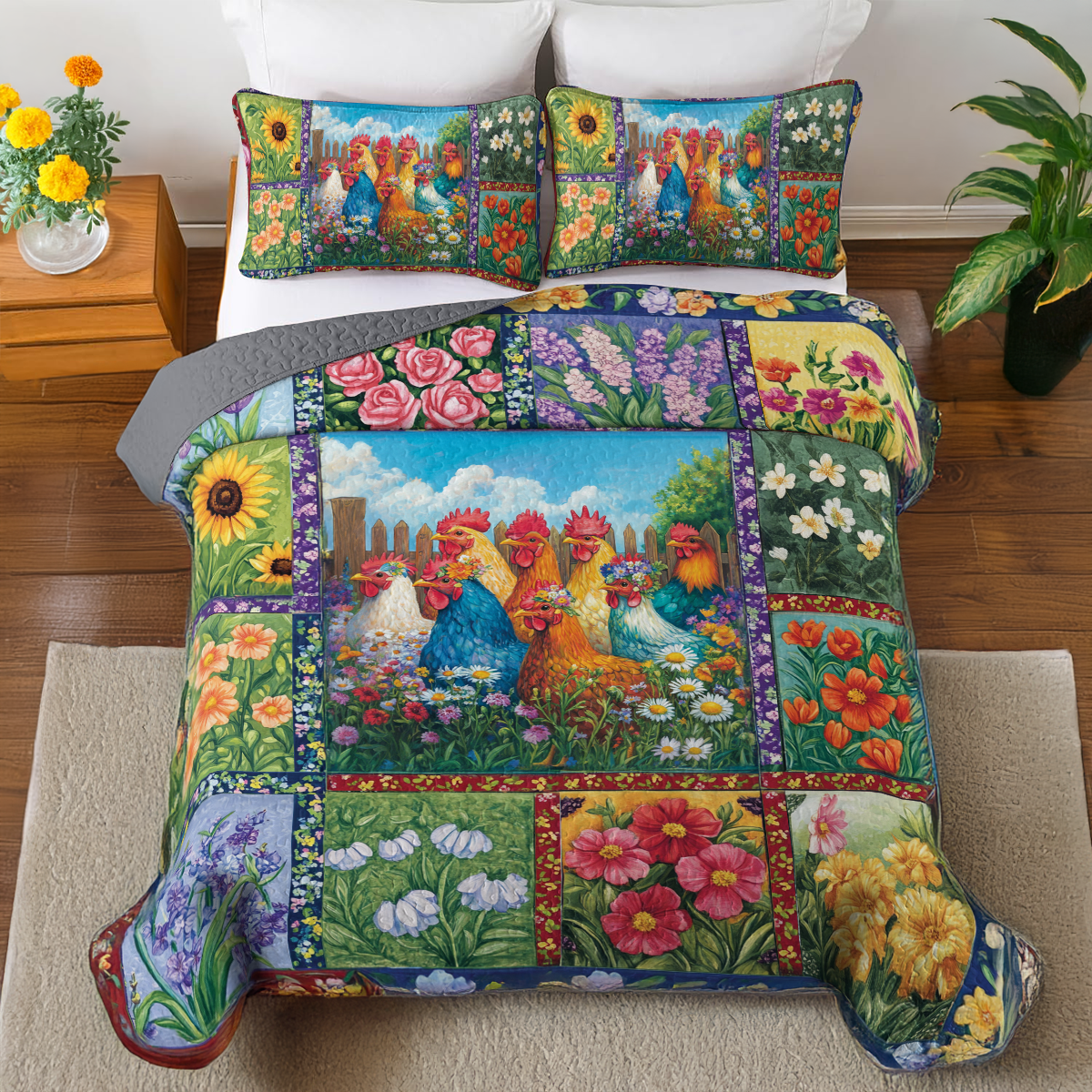 Shineful All Season Quilt 3-Piece Set Chickens in Bloom