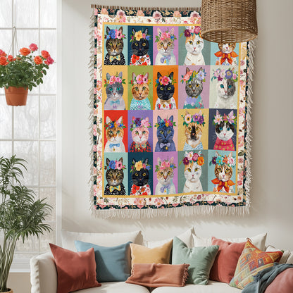 Shineful Woven Tapestry Throw Blanket - Floral Cat Fantasy