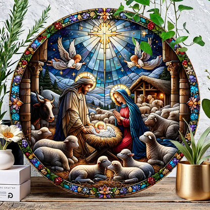 Shineful 2D Wooden Plaque, Hanging Decor, Door Sign - Starlit Nativity Glass