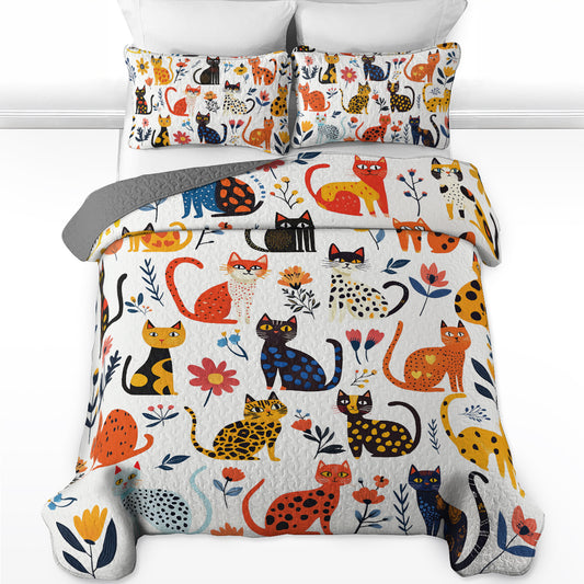 Shineful All Season Quilt 3-Piece Set - Purrfectly Feline With Floral