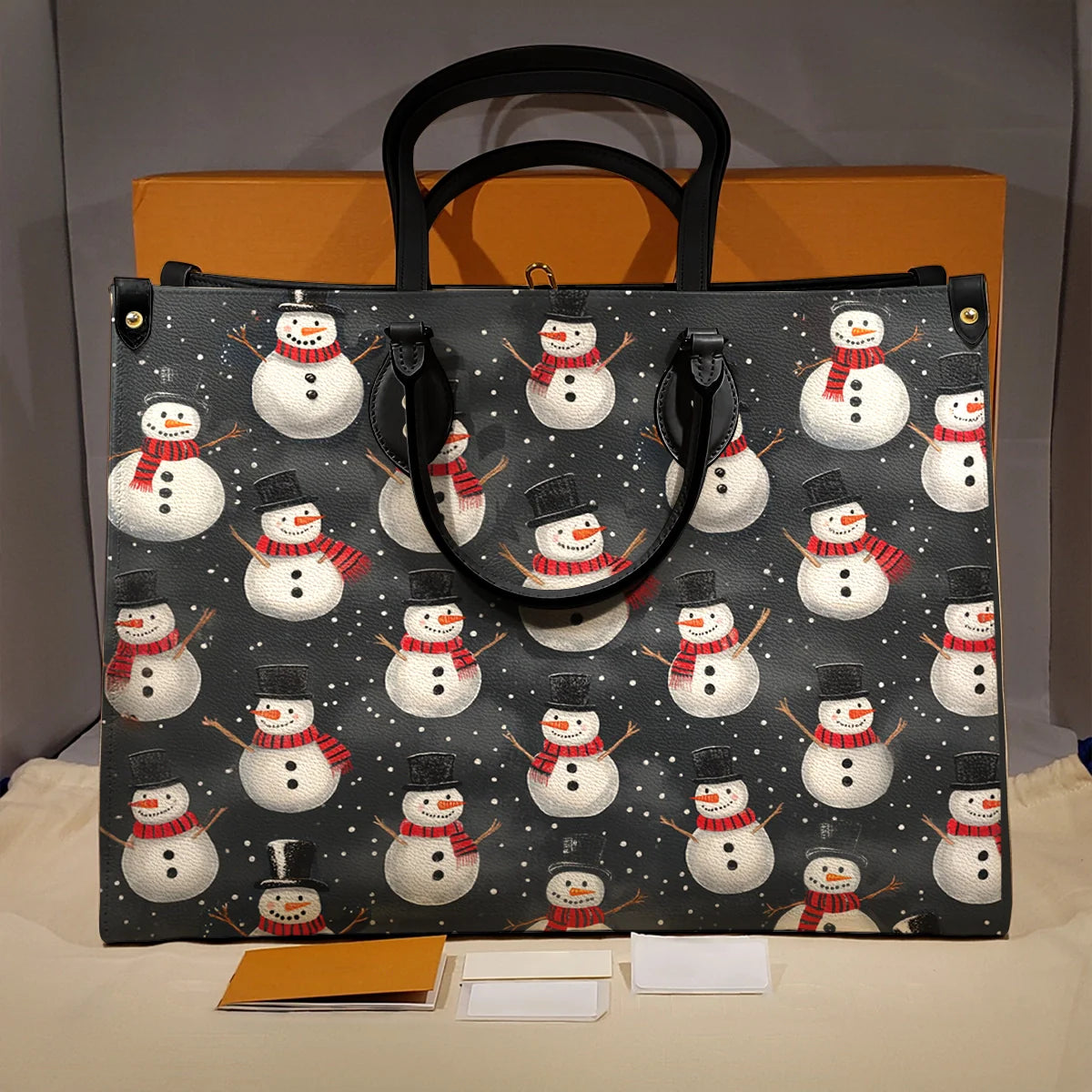 Glänzende Ledertasche Weihnachten Schneemann Versammlung