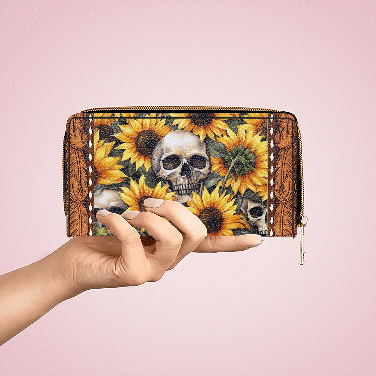 Shineful Leather Clutch Purse With Wristlet Strap Handle Sunflower Skull