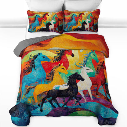 Shineful All Season Quilt 3-Piece Set Colorful Horses Racing