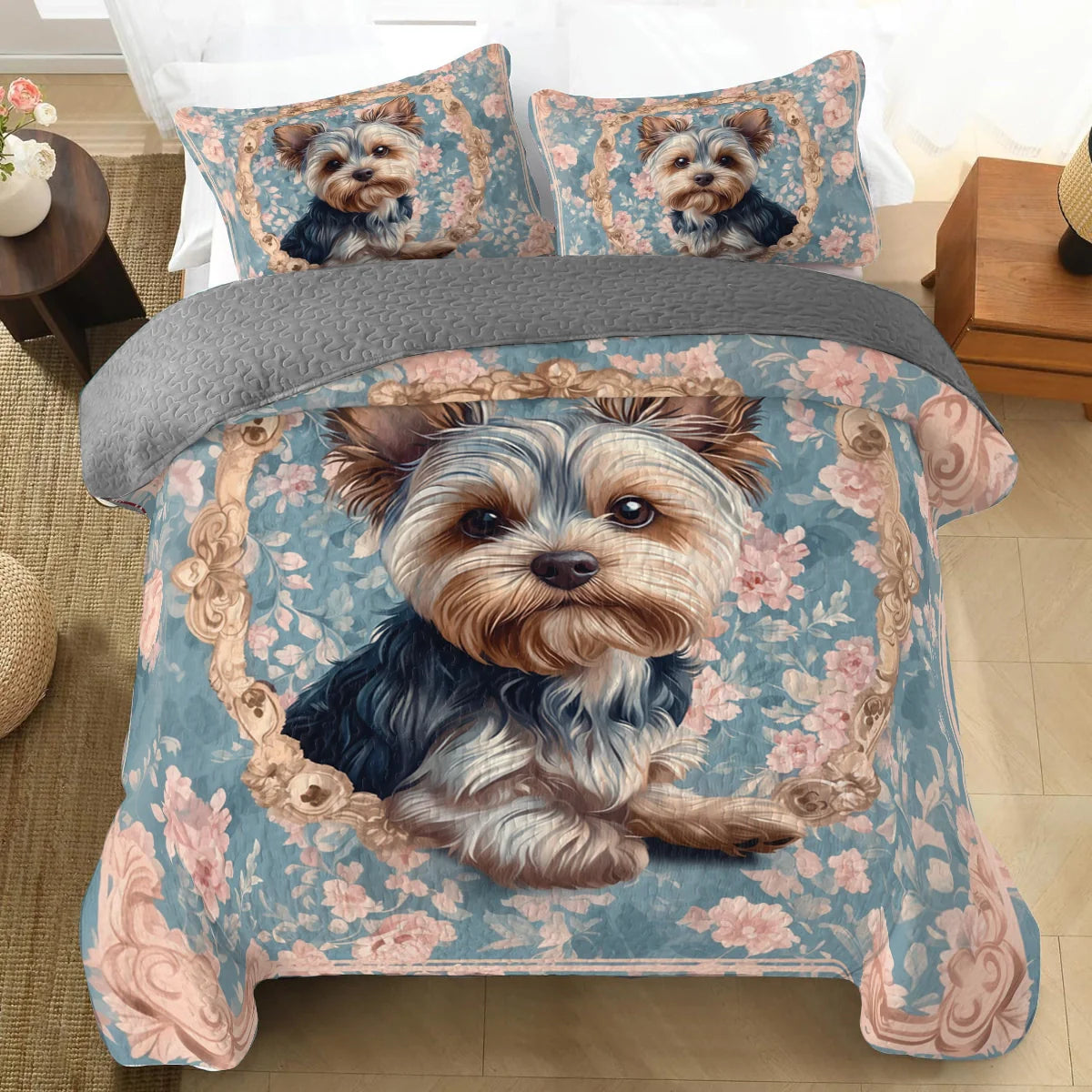 Shineful All Season Quilt 3-Piece Set Yorkie Blossom Elegance