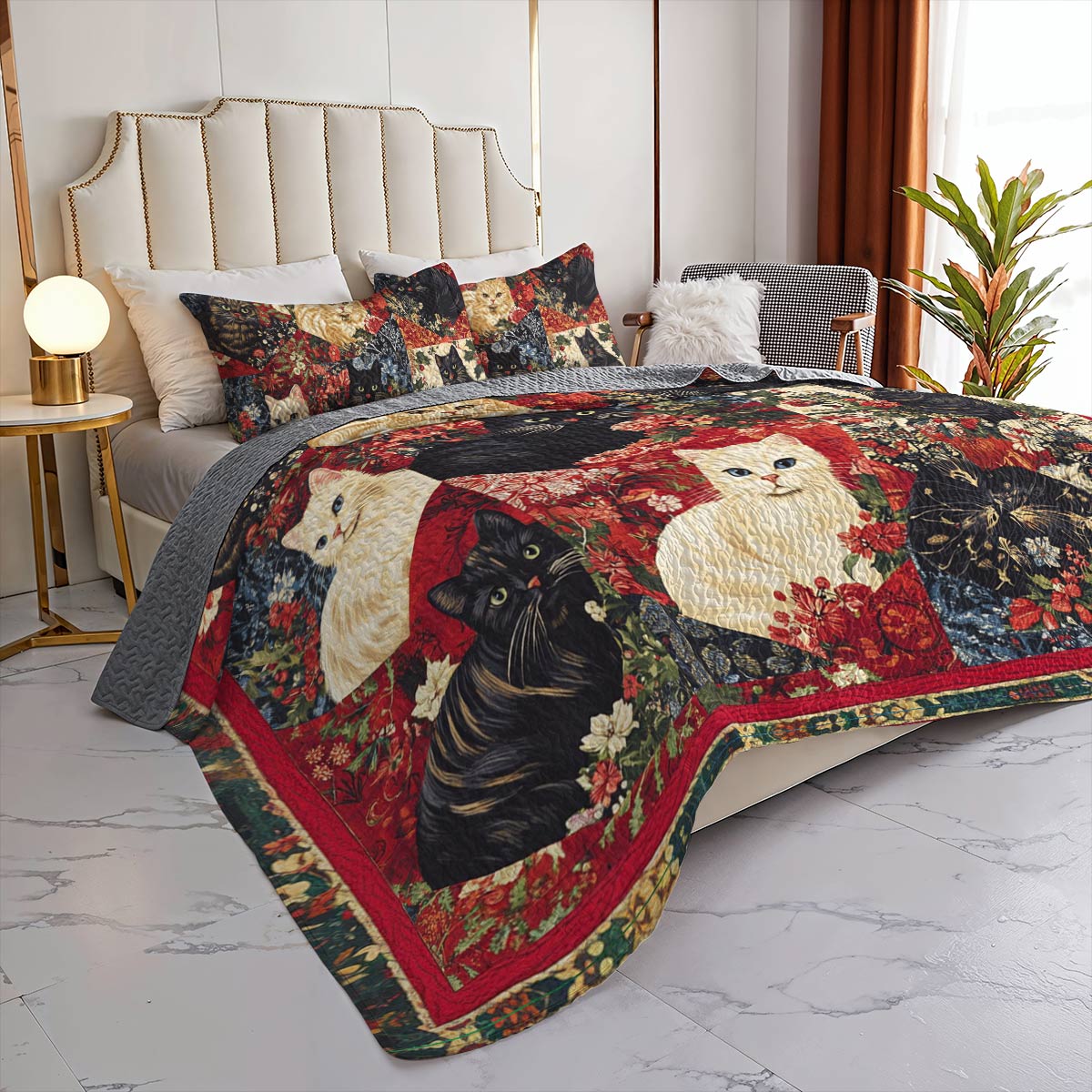 Shineful All Season Quilt 3-teiliges Set Vintage Floral Cats 