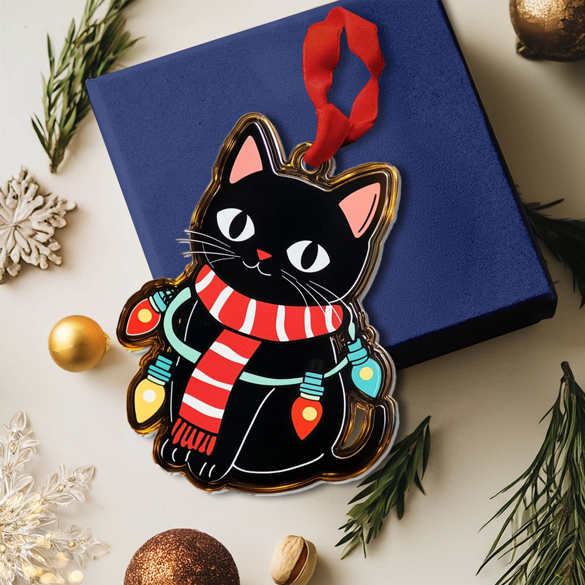 Glänzendes 2D-Ornament aus Acryl – Festliche Katze leuchtet