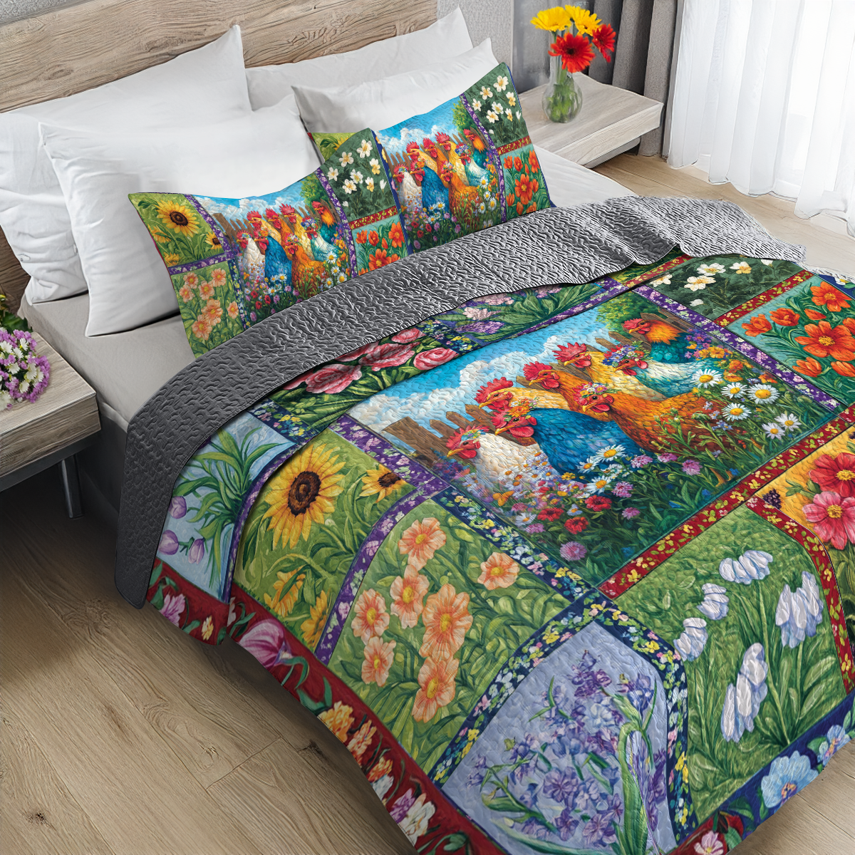 Shineful All Season Quilt 3-Piece Set Chickens in Bloom