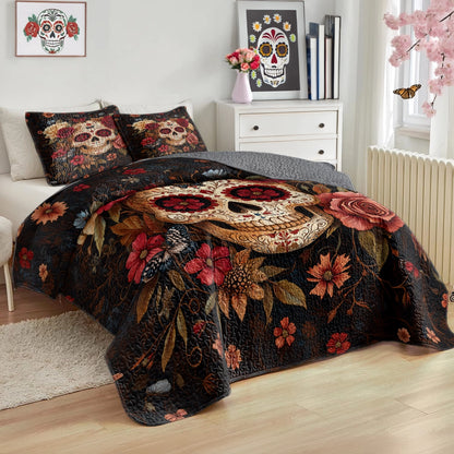 Shineful All Season Quilt 3-Piece Set - Dark Bloom Sugar Skull