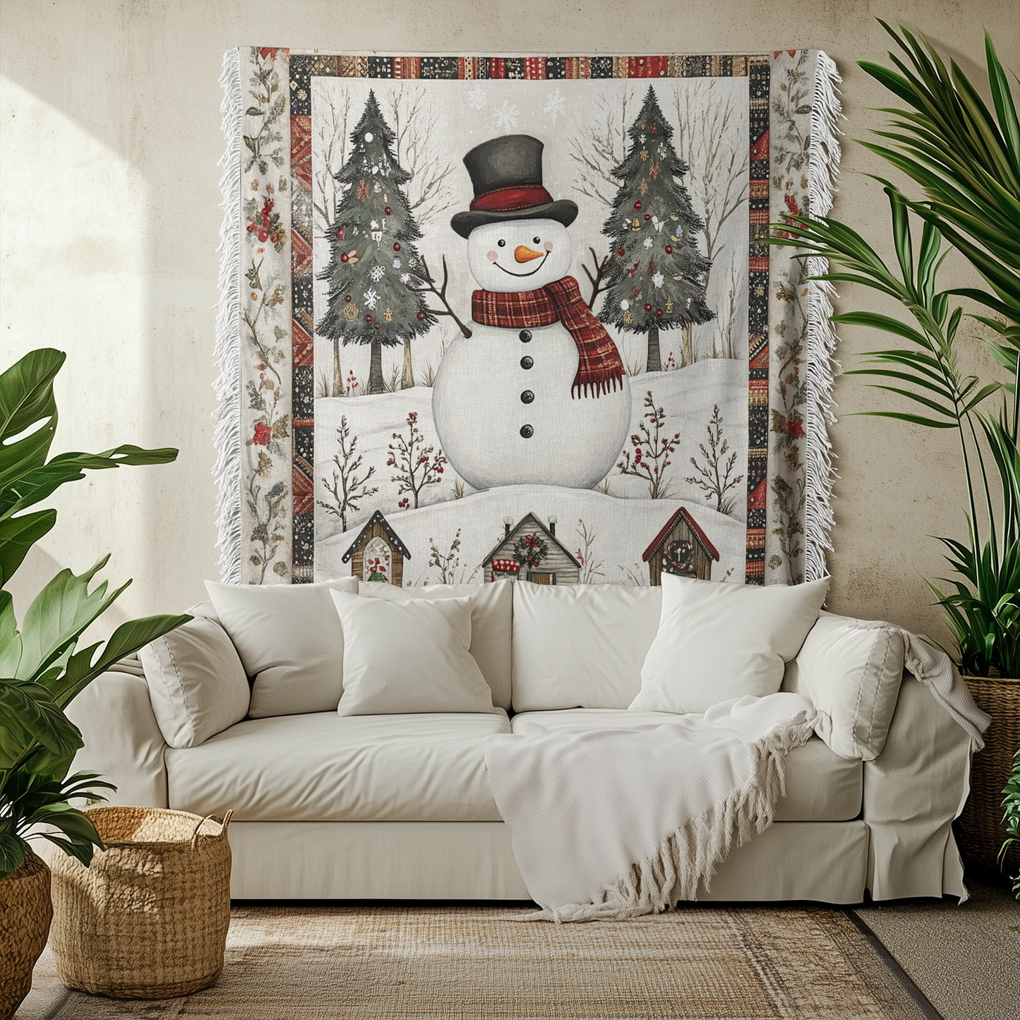 Shineful Woven Tapestry Throw Blanket Snowman Winter Wonderland