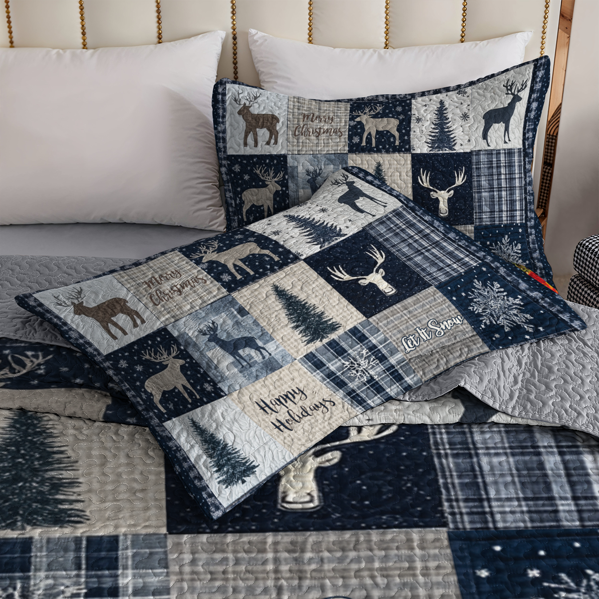 Shineful All Season Quilt 3-Piece Set - Navy Reindeer Wonderland