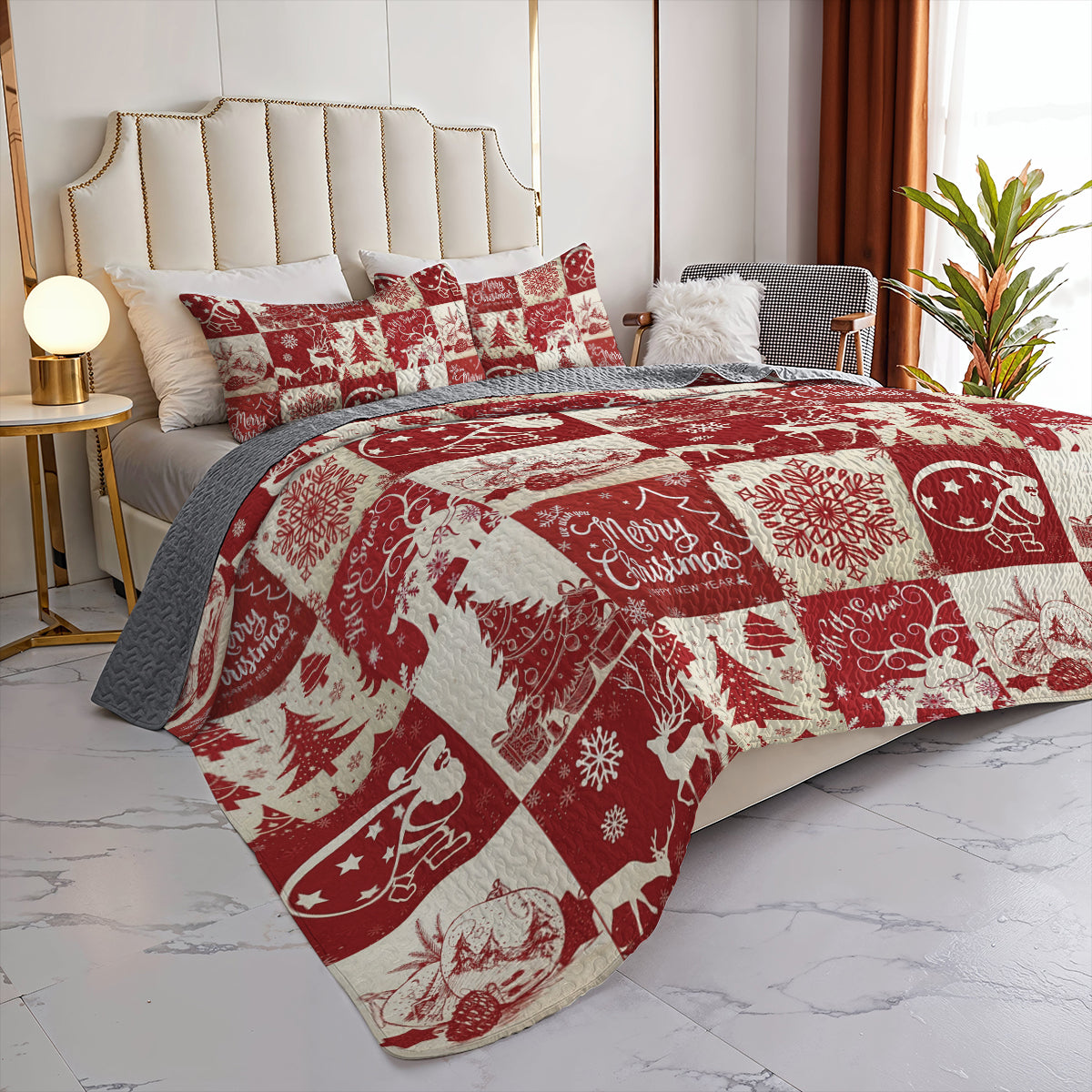 Shineful All Season Quilt 3-Piece Set Red Merry Christmas