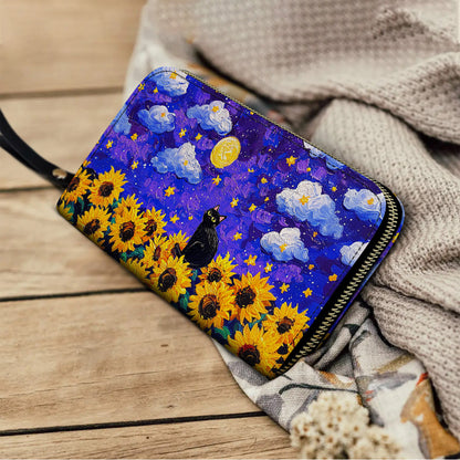 Shineful Leather Clutch Purse With Wristlet Strap Handle Starry Cat With Sunflower