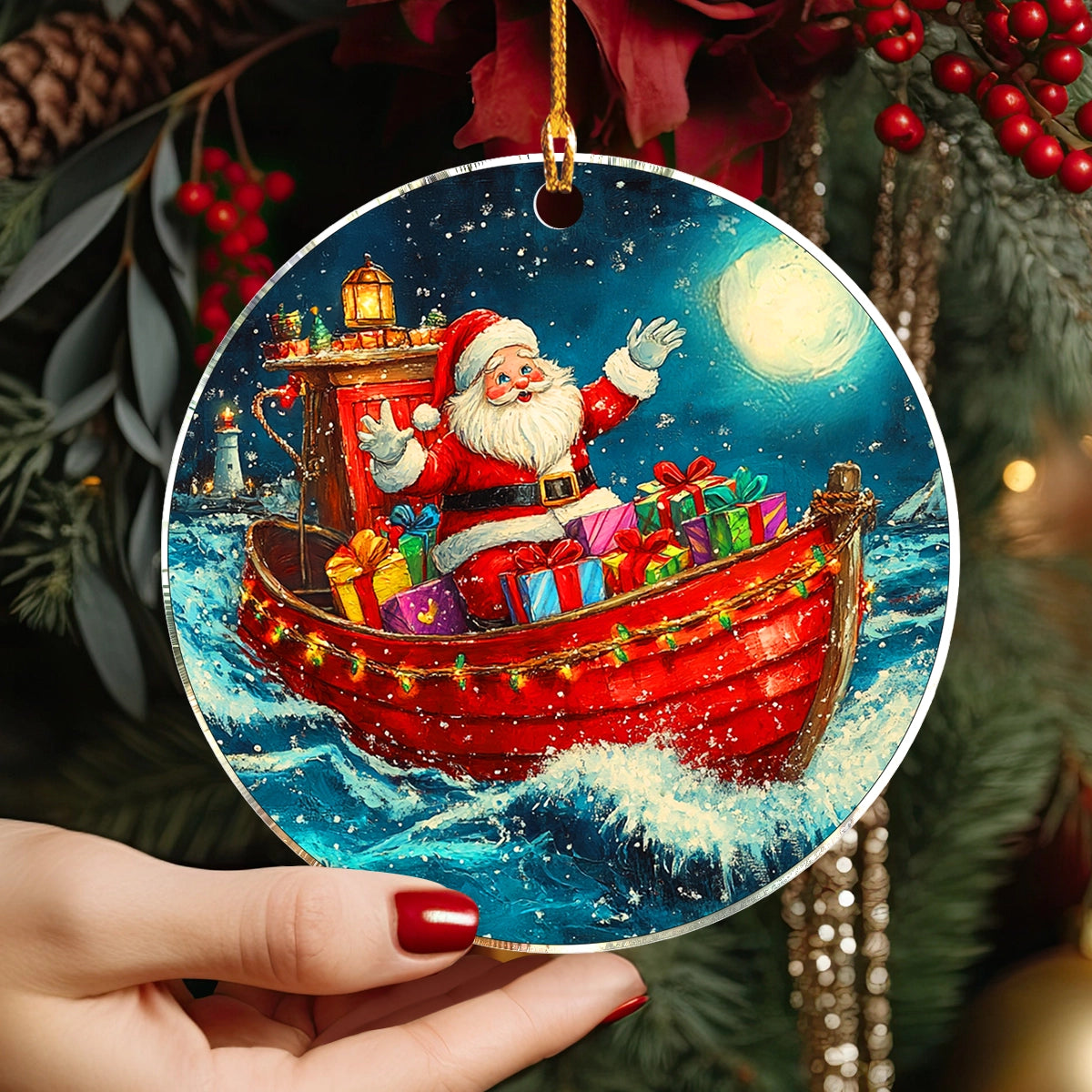 Glänzendes 2D-Ornament aus Acryl – Segelnde Schlittenfahrt des Weihnachtsmanns