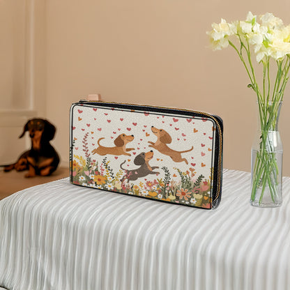 Glänzende Leder-Clutch-Geldbörse mit Armband und Trageriemen, Blumen-Dackel mit Herz