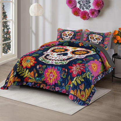 Shineful All Season Quilt 3-Piece Set Vibrant Floral Skull