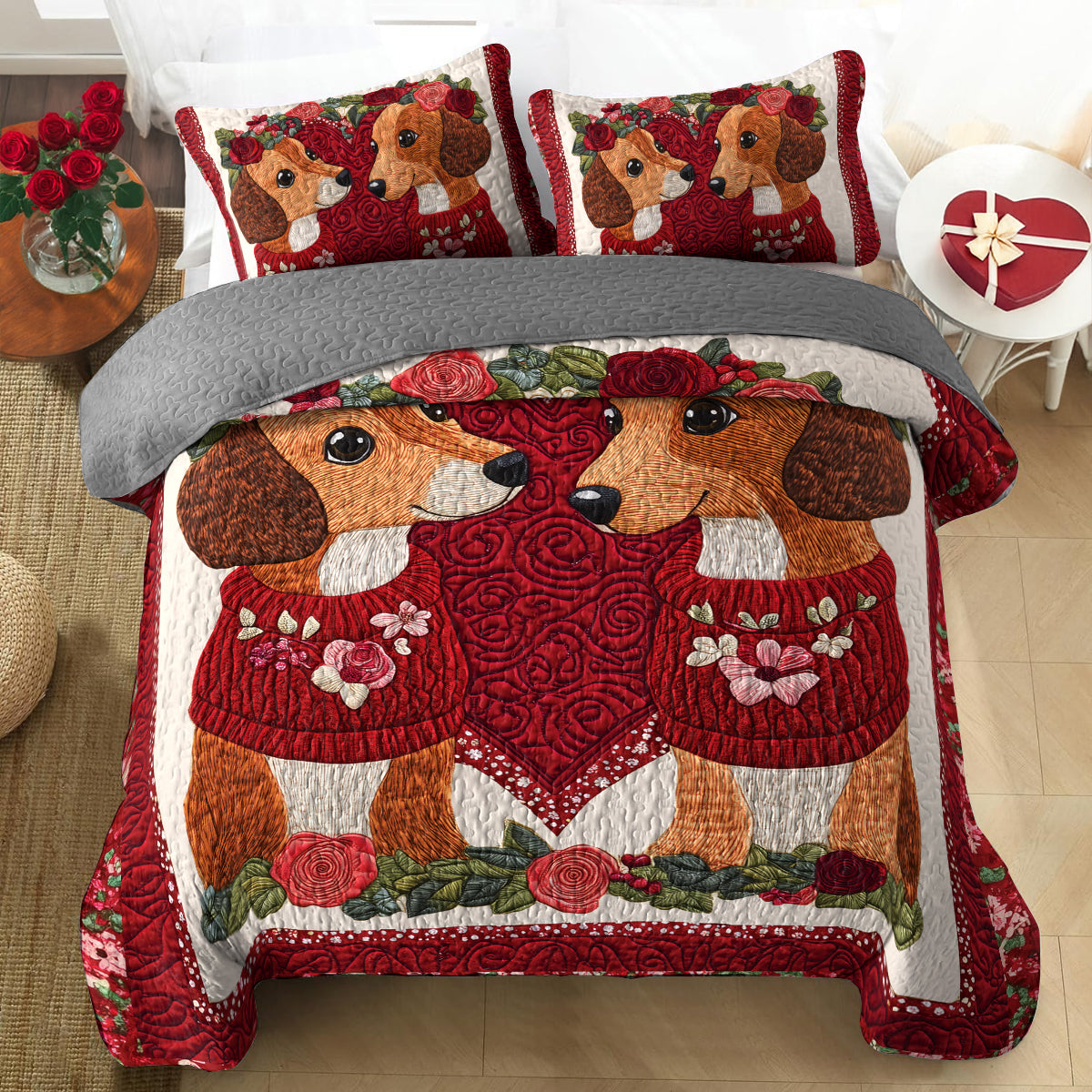 Shineful All Season Quilt 3-Piece Set Red Roses Dachshund Couple