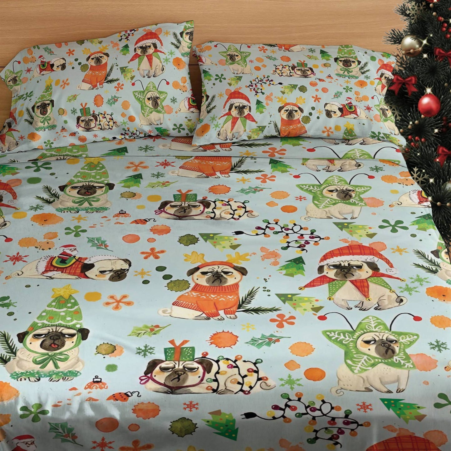 Shineful 4-Piece Bed Sheet Set Santa's Pugs