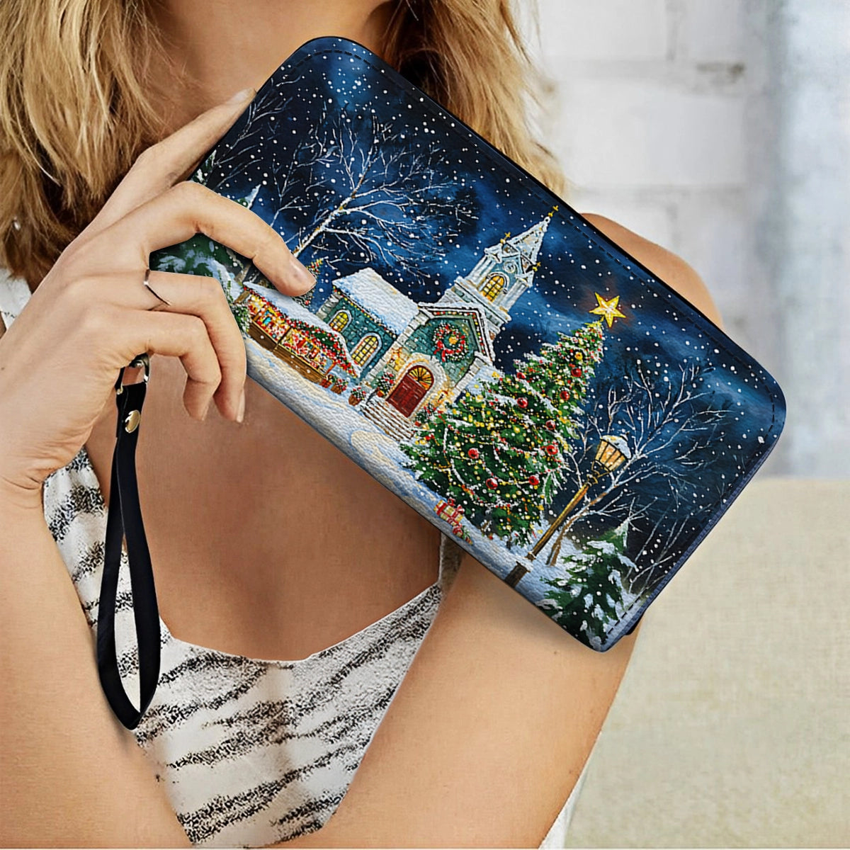 Shineful Leather Clutch Purse With Wristlet Strap Handle Christmas Church Serenity