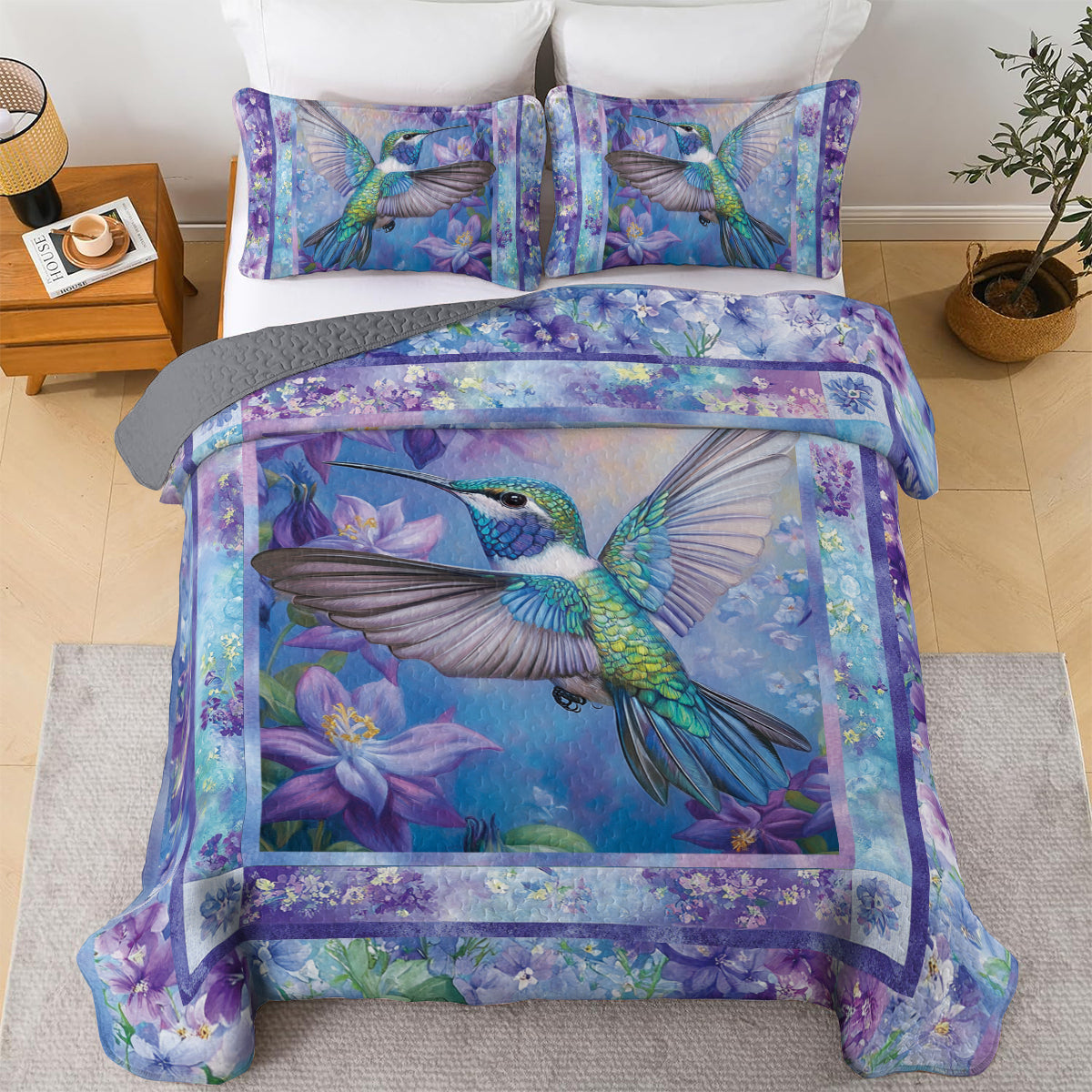 Shineful All Season Quilt 3-Piece Set Hummingbird & Purple Lilac